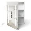 A white bathroom cabinet with a mirrored door, illuminated by vertical LED lights. The cabinet is open, revealing shelves inside. A white power cord is visible on the left. Produktbild-Vorschau
