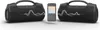 Two black portable speakers and a smartphone are arranged on a white surface. Podgląd zdjęcia produktu