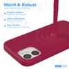 A pink silicone phone case is shown with a liquid pink substance pouring onto it, creating ripples. Text describes the features of the case. Produktbild-Vorschau