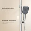 A close-up of a shower head on a shower rail, with descriptive text highlighting features. Náhled obrázku produktu