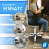 A collage of images showing a black rolling stool with a backrest in different settings, including a workshop, a cosmetic area, and a dental chair area. A woman is shown using a similar stool in a hair salon. Produktbild-Vorschau