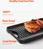 A cast iron grill pan with two steaks on it, with text highlighting features. Náhľad obrázku produktu