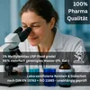 A woman in a lab coat looks through a microscope, with beakers of blue liquid and a bottle of solution in the foreground. Text overlays provide product information and quality assurances. Produktbild-Vorschau