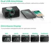 A product image showcasing a black alarm clock with dual USB ports and a dimmable display, along with two smartphones charging from it. Below are examples of the display's brightness levels. Produktbild-Vorschau