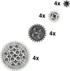 Several LEGO Technic gears of different sizes are arranged diagonally on a white background, with quantity indicators. Produktbild-Vorschau