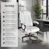 A white office chair is shown in a modern office setting, with a desk and plant in the background. A panel on the left details the chair's features. Produktbild-Vorschau