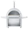 A stainless steel wood-fired pizza oven on a stand with wheels, shown from the front against a white background. Produktbild-Vorschau