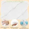 A collage of images showcasing a white cushion with text overlays describing its features, a hand pressing into the cushion, a handful of fluffy filling, and a close-up of straps attached to a blue tube. Produktbild-Vorschau