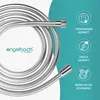 A coiled silver shower hose is shown against a white and teal background, with marketing icons and text on the right side. Podgląd zdjęcia produktu
