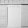 A white freestanding dishwasher is shown in a kitchen setting, flanked by light wood cabinets. Produktbild-Vorschau