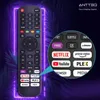 A remote control is shown in front of a dark background with purple neon lights and palm leaves. A magnified view of the remote's buttons is shown on the right side. Produktbild-Vorschau