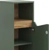 Close-up view of an open green cabinet with wooden shelves. Voir les images du produit