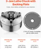 A 3-jaw lathe chuck with a backing plate is shown, along with a table detailing jaw specifications. Produktbild-Vorschau