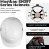 A collage of images showcasing a white safety helmet and its features. Produktbild-Vorschau