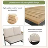 Collage of images showcasing the features of a garden lounge set, including wood material, a close-up of the tabletop, and the sofa cushions. Produktbild-Vorschau