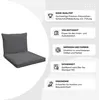 A dark gray lounge cushion set is shown next to a series of feature callouts. Produktbild-Vorschau