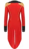 Back view of a red tailcoat blazer with black cuffs and collar, adorned with gold fringe on the shoulders. Anteprima dell’immagine prodotto