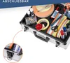 An open aluminum case filled with various office and presentation supplies. Produktbild-Vorschau