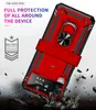 A red and black phone case with a ring stand is shown in a dynamic, falling pose, with debris around it. Produktbild-Vorschau
