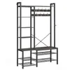 A tall, industrial-style coat rack and shoe bench unit. Produktbild-Vorschau