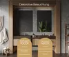 A modern bathroom vanity with two sinks and mirrors, featuring decorative LED lighting. Produktbild-Vorschau