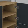 Close-up of an open cabinet with shelves and hinges, showing the interior wood grain and exterior dark gray doors. Voir les images du produit