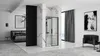 A modern bedroom and bathroom area with a shower enclosure, bed, and seating. Náhľad obrázku produktu