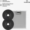 A close-up view of two charcoal filters and a metal grease filter for a range hood, with text describing features and a brand logo. Produktbild-Vorschau