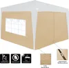 A beige and white gazebo with windows and informational icons at the bottom. Produktbild-Vorschau