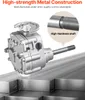 A close-up marketing image of a metal gearbox with a highlighted shaft, set against a backdrop of metal bars. Voir les images du produit