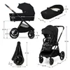 Multiple views and dimensions of a black Kinderkraft NEA 2 stroller and bassinet are shown with measurement callouts. Anteprima dell’immagine prodotto