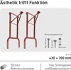 Two dark red metal table legs are shown in the center of the image, with text and diagrams around them. Produktbild-Vorschau