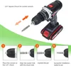An instructional image showing how to attach a socket wrench bit to a cordless drill. Produktbild-Vorschau