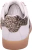 The back view of a white sneaker with gold glitter accents on the heel. Voir les images du produit