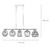 A line drawing of a black geometric metal pendant light with five different shaped lampshades, with dimensions indicated. Produktbild-Vorschau