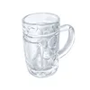 A clear studio shot of a single, empty glass beer mug with a handle, against a white background. Produktbild-Vorschau