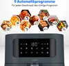 A close-up of an air fryer with a digital display, showing various food icons and cooking settings, with a collage of food images at the top. Produktbild-Vorschau