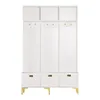 A white hall tree with three vertical sections, each with a hook at the top, and three drawers at the bottom. It stands on gold legs. Anteprima dell’immagine prodotto