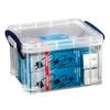 A clear, studio shot of a transparent storage box filled with product packaging. Náhled obrázku produktu