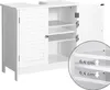A white bathroom vanity cabinet with two louvered doors and open shelving, shown from the front with a close-up inset detailing shelf height. Produktbild-Vorschau