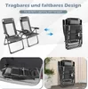 Collage showing two chairs unfolded, one folded chair, and a folded chair in a car trunk. Produktbild-Vorschau