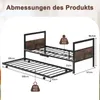 A diagram showing the dimensions of a bed frame with a pull-out trundle bed. Náhled obrázku produktu