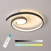 A modern LED ceiling lamp with a spiral design, shown on a light gray background with a remote control and color gradient indicators. Produktbild-Vorschau