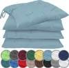 A stack of four light blue seat cushions is shown against a white background. Below the cushions, a row of circular swatches displays various color options for the cushions. Produktbild-Vorschau