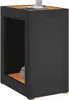 A black poly rattan side table with a wooden top and shelf, featuring an open storage compartment. A book and a cup are placed on top. Produktbild-Vorschau