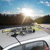 Skis mounted on a car roof rack on a snowy road with trees and sun in the background. Náhled obrázku produktu
