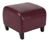 A burgundy ottoman with black legs on a white background.