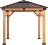 A wooden gazebo with a brown metal roof, shown from the front against a white background. Produktbild-Vorschau