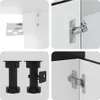 A collage of four close-up images showing details of a white kitchen cabinet set, including mounting brackets, hinges, and adjustable feet. Náhľad obrázku produktu
