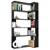 A black L-shaped bookshelf with multiple shelves displaying various decorative items and books. Voir les images du produit